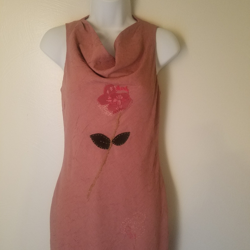Parallel pink fringe cowl neck dress
